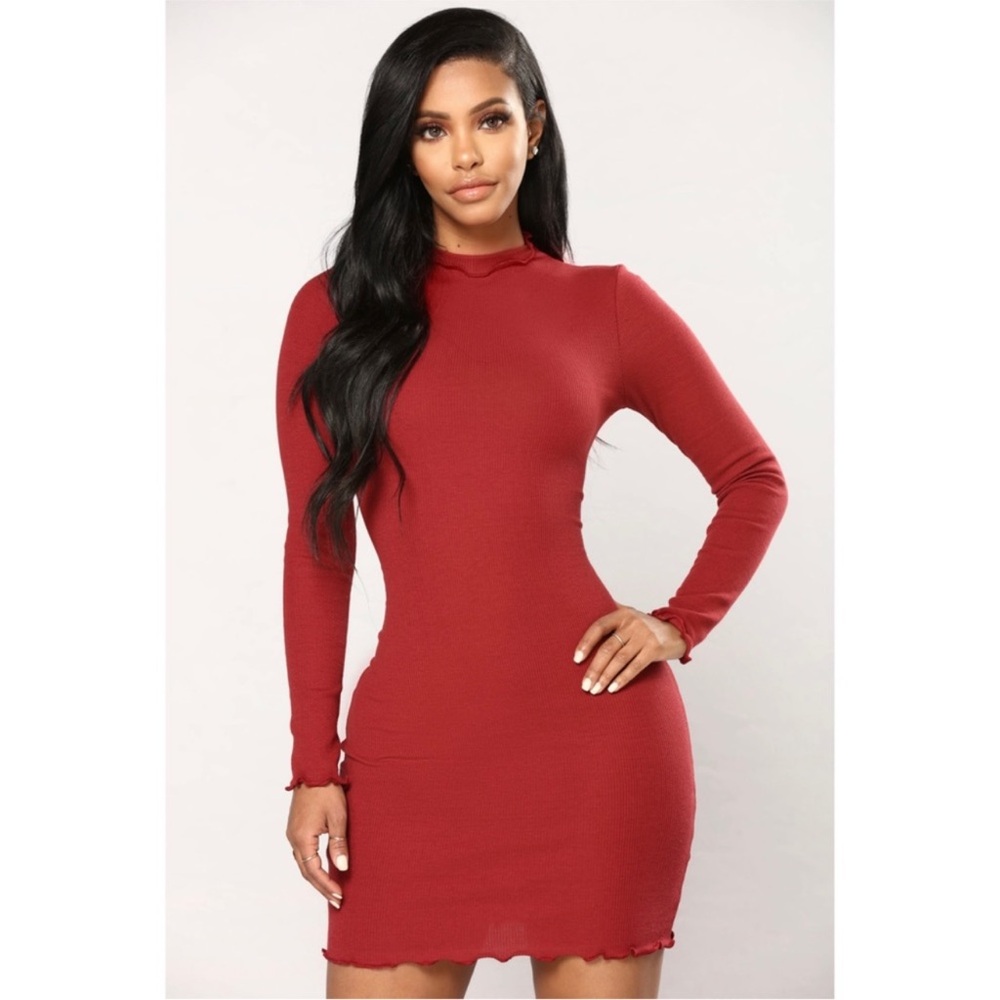 Fashion Nova Burgundy Ribbed Long Sleeve Mock Neck Bodycon Mini Party Dress